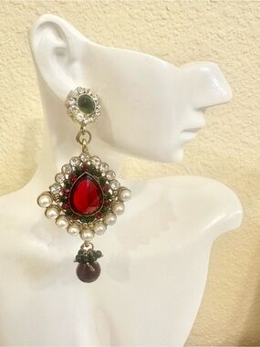 Gold Plated Kundan Style Earrings with Red Center Stone and Pearl Accents